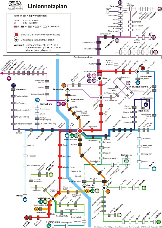 Schema linek MHD ve městě Gera po 5.11.2006