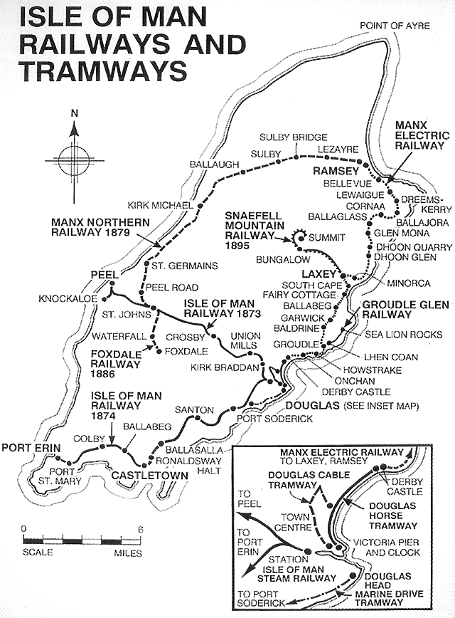 Schema železničních a tramvajových tratí na ostrově (bývalých i současných).